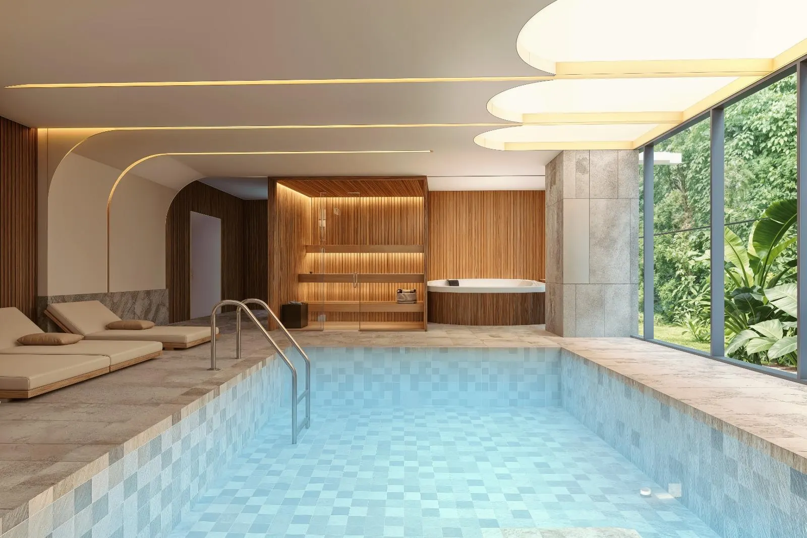 Spa area of the Honest Signature 7 project: indoor pool, sauna and jacuzzi